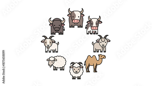Collection of various farm animals arranged in a circular pattern.