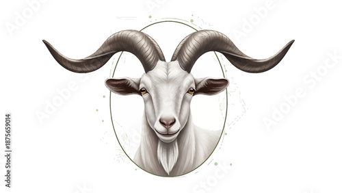 Majestic White Goat with Impressive Horns, Detailed Portrait.