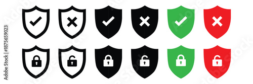 Shield security icon set, protection symbols, security icon with check mark and lock sign