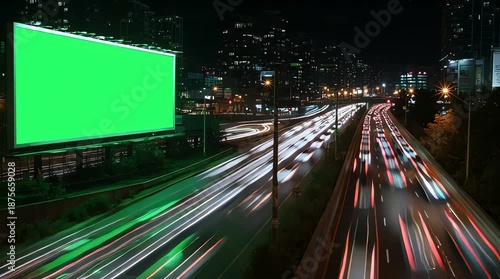 Dynamic night view of a bustling city highway with vibrant car light trails, featuring a prominent green screen billboard awaiting digital advertising content