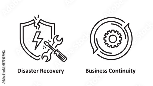 Disaster recovery shield with tools and business continuity gear icon for resilience and planning.
