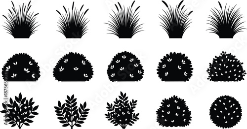 Garden bushes and grass silhouettes set, decorative plants foliage elements collection isolated on white background illustration