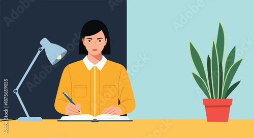 Focused professional woman diligently writing notes in an open book under a desk lamp illustrating dedicated study on transparent background