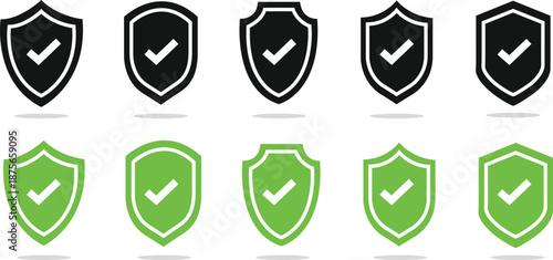 Large collection of shield icons with checkmarks featuring various line weights and solid styles for cybersecurity protection data safety and verified security