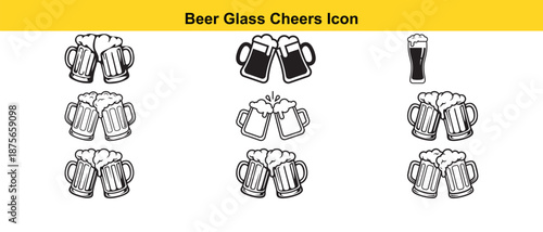 Title: Nine black and white beer glass clinking and single on a white background with a yellow