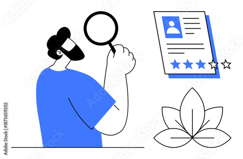 Man using magnifying glass to review candidate profile with a rating system and a leaf design. Ideal for recruitment, evaluation, performance review, hiring, talent search, HR strategies, simple flat