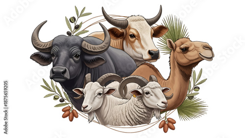 Diverse livestock animals gathered together, symbolizing agricultural abundance and cultural significance.