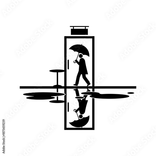 Rain corridor silhouette with lone figure and reflective puddles