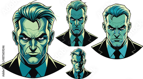 Collection of stylized, intense businessman portraits featuring strong jawlines and serious expressions in vibrant teal hues on transparent background
