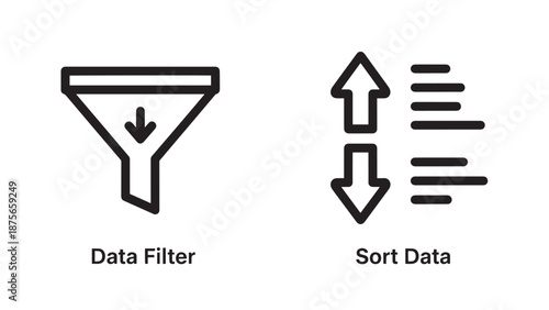 Clean outline icons for data filter and sort data operations in digital interfaces.