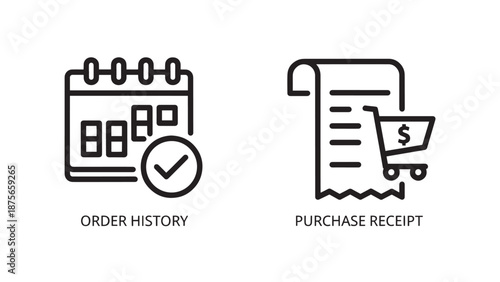 Icons representing order history with calendar and purchase receipt with shopping cart and dollar sign.