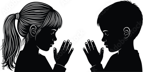 Cute children silhouettes praying together hands raised faith innocence spirituality family love vector illustration isolated white background