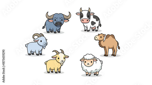 Cute cartoon farm animals including a cow, buffalo, goat, sheep, and camel in a circle.