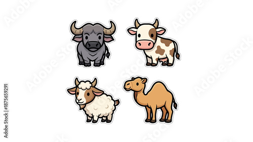 Adorable cartoon farm animals collection featuring a buffalo, cow, sheep, and camel in a charming style.