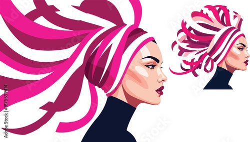 Striking portrait of a woman wearing a vibrant magenta and white striped headwrap with dramatically flowing hair on transparent background