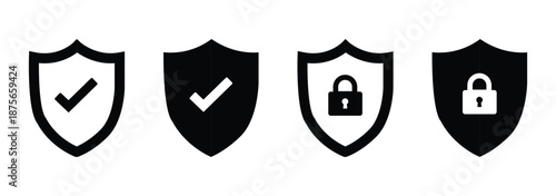 Collection of shield icons with checkmarks and exclamation marks isolated on white background