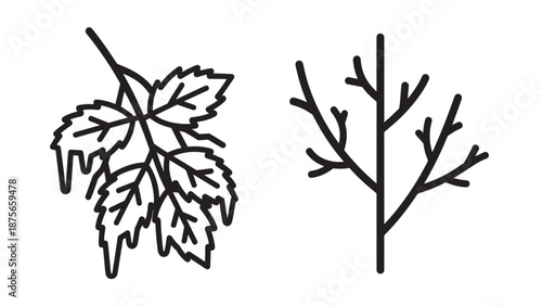 Organic Icon Elements: Icy Leaves on a Branch and a Bare Tree Silhouette, Symbolizing Winter and Seasonal Change