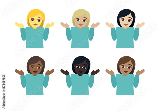 Woman person shrugging shoulders I don't know clueless I don't care funny emoji symbol sign icon vector illustration isolated flat