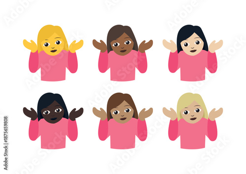 Woman person shrugging shoulders I don't know clueless I don't care funny emoji symbol sign icon vector illustration isolated flat