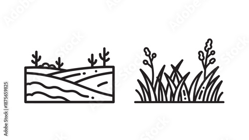 Stylized line art icons showing rolling hills with small trees and tall blades of grass, representing landscape and nature.