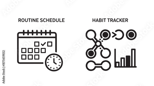 Icons representing a routine schedule with a calendar and clock, and a habit tracker with a graph, for productivity and personal development.