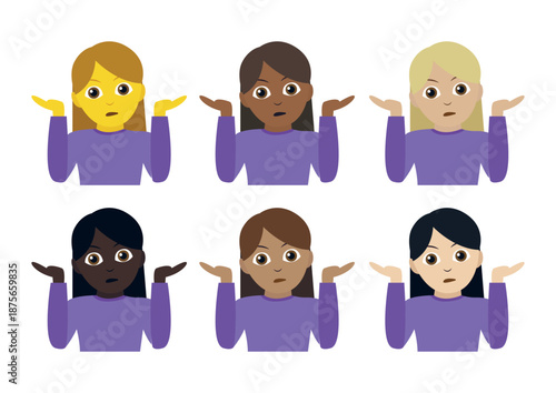 Woman person shrugging shoulders I don't know clueless I don't care funny emoji symbol sign icon vector illustration isolated flat