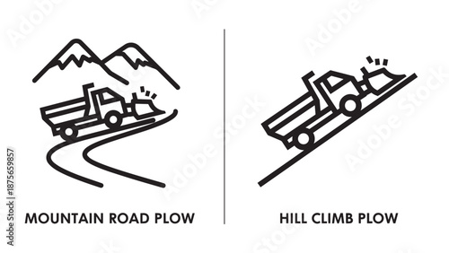 Line art icons of a mountain road plow and a hill climb plow, illustrating snow removal and road maintenance in difficult terrain.
