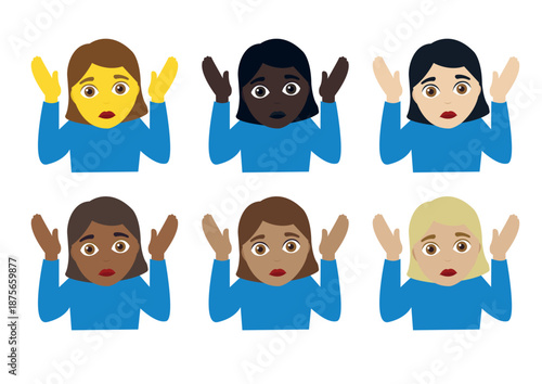 Woman person shrugging shoulders I don't know clueless I don't care funny emoji symbol sign icon vector illustration isolated flat