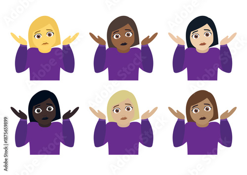 Woman person shrugging shoulders I don't know clueless I don't care funny emoji symbol sign icon vector illustration isolated flat
