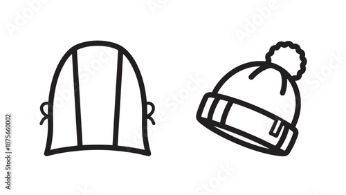 Simple line art icons of two hats: a winter beanie with a pompom and a simpler beanie, representing cold weather headwear.