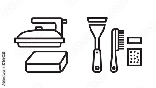 Icons of Household Cleaning and Outdoor Grilling Tools: Iron, Sponge, Spatula, Brush, and Timer