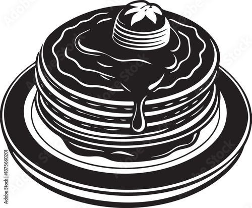 Delicious pancake stack with syrup and butter on plate for breakfast menu flat vector art