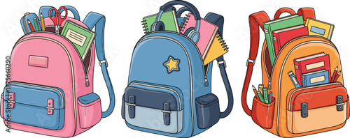 Colorful school backpacks filled with books and stationery, cute educational illustration set isolated on white background