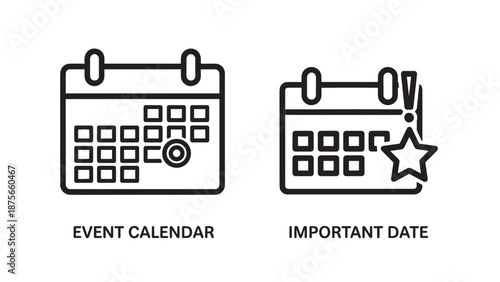 Simple line art icons for event calendar and important date, symbolizing planning, appointments, and deadlines.
