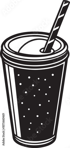 Disposable cup with straw simple black vector illustration isolated on white background