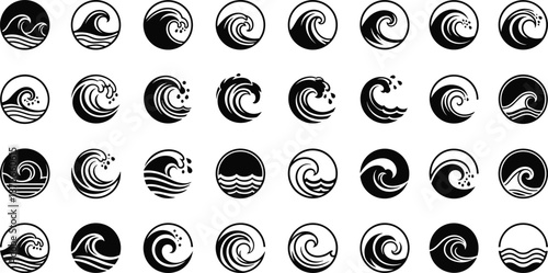 Abstract ocean wave icon collection featuring circular swirl and spiral designs, black silhouette logos inspired by sea motion, water energy, nature symbols