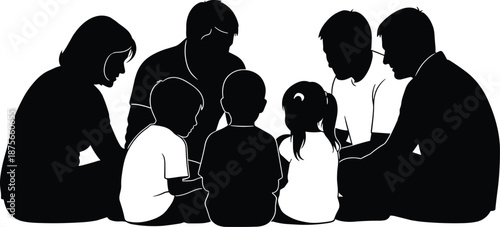 Family reading and learning together silhouette illustration showing parents and children bonding.