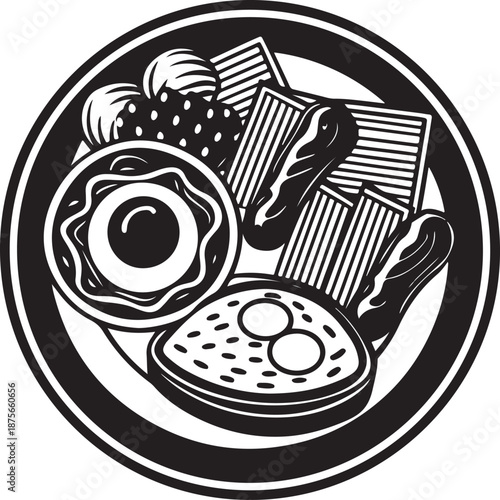 Breakfast plate with eggs waffles sausage and strawberries vector stencil illustration design