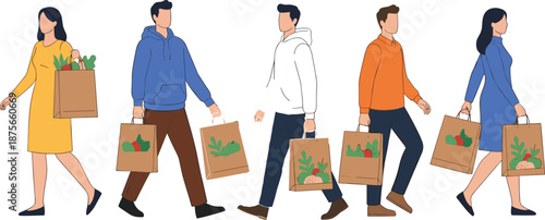 People walking with grocery shopping bags, modern casual consumers carrying eco paper bags, flat vector illustration