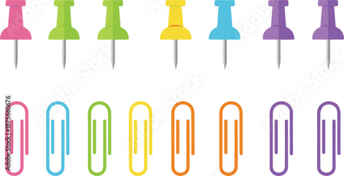 Colorful office stationery set with push pins and paper clips, minimal flat vector illustration isolated on white background