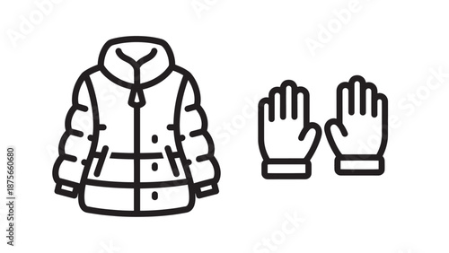 Winter apparel icons: a puffy jacket and a pair of gloves, signaling cold weather clothing for warmth and protection.