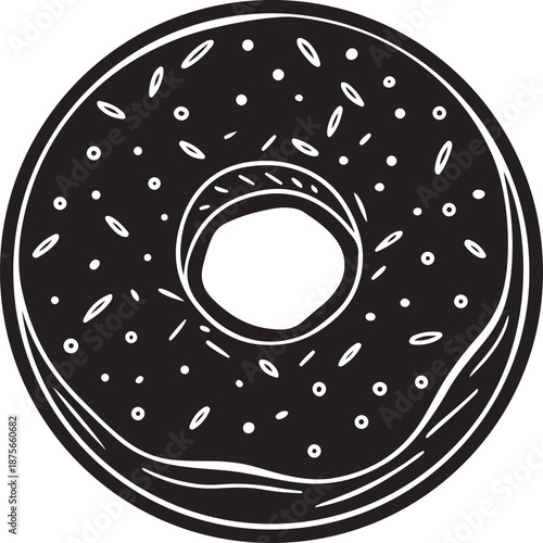 Donut with glazing and sprinkles vector black and white stencil illustration isolated background