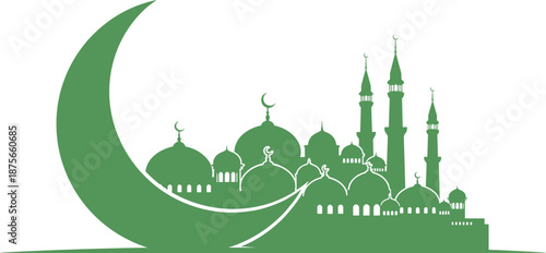 Green islamic mosque silhouette with crescent moon, elegant minimal illustration symbolizing muslim faith, ramadan, eid celebration, spirituality and traditional islamic architecture design