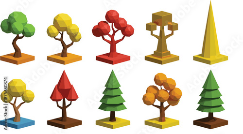Low poly stylized trees and abstract sculptures set, colorful geometric nature assets in isometric 3D style