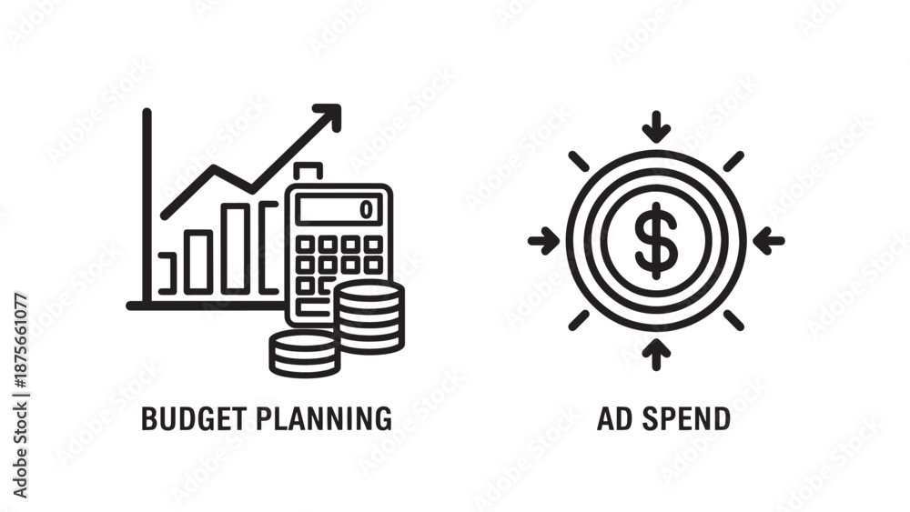 Obraz premium Icons for budget planning with charts and calculator, and ad spend with dollar sign and arrows, for finance and marketing.