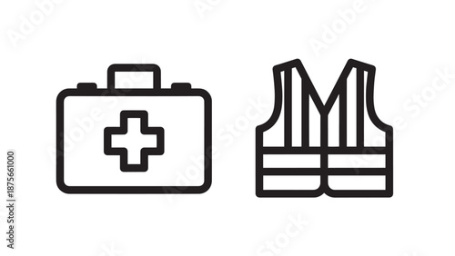First aid kit and safety vest icons, essential for emergency preparedness and workplace safety.