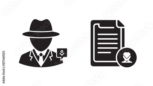 Spy or detective icon with fedora hat and suit, next to a document icon with user profile, for investigation or security concepts.