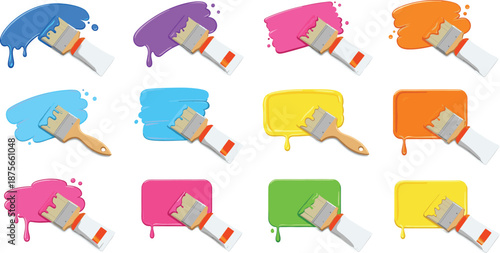 Colorful paint brush strokes set with dripping paint splashes, creative renovation and art concept vector illustration