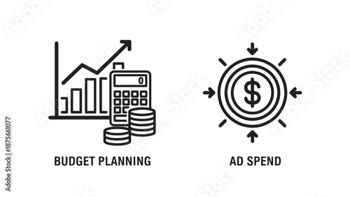 Icons for budget planning with charts and calculator, and ad spend with dollar sign and arrows, for finance and marketing.