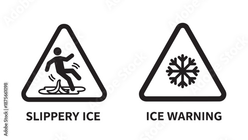 Warning signs for slippery ice and general ice warning, triangular hazard symbols for winter safety.